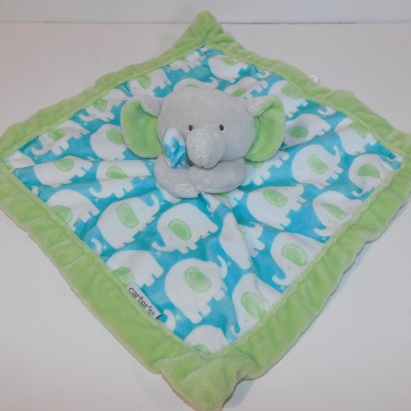 Carter's plush Gray Elephant Blue Green White Security Blanket Baby Lovey Nunu - Picture 1 of 6